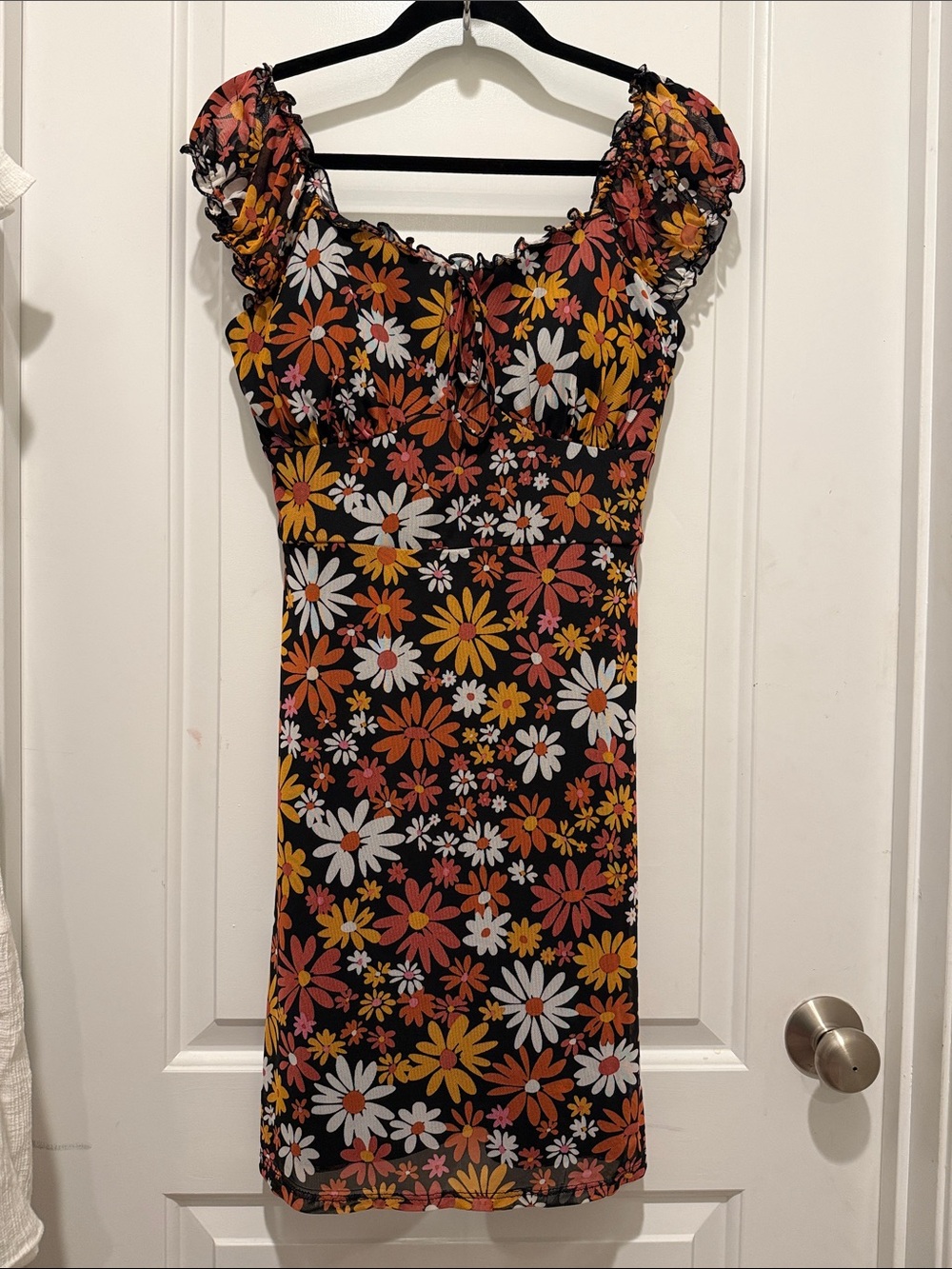 Retro Floral Mini Dress in Black with Orange, Yellow & White Flowers.